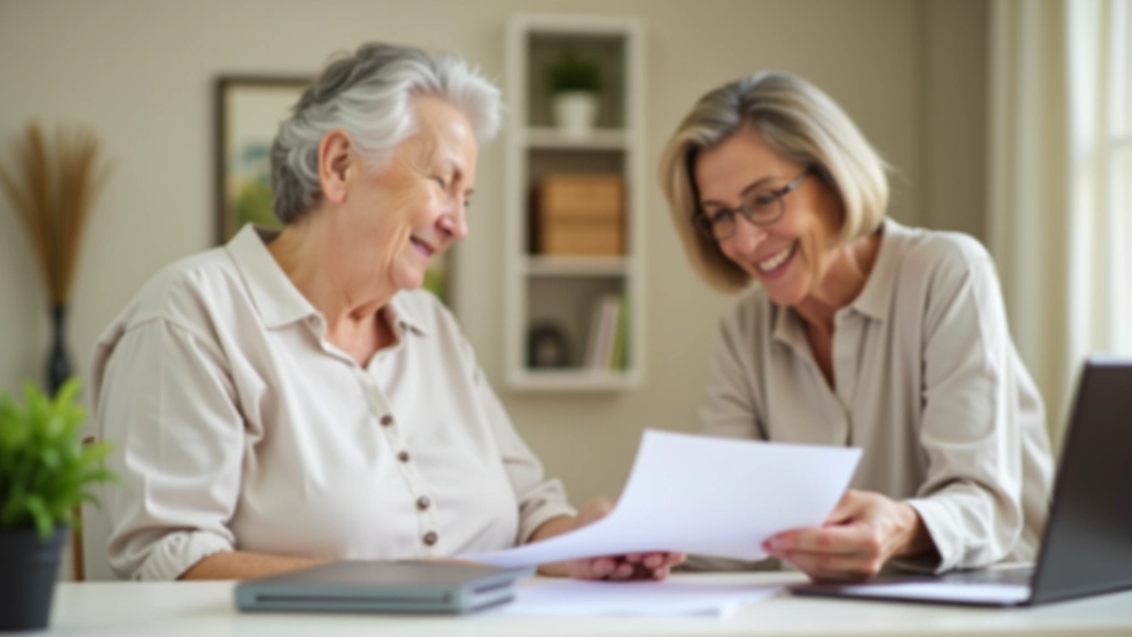 Seniorin liest Sicherheitshinweise auf Papier neben dem Laptop