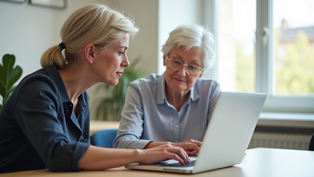 Seniorin und Kursleiter schauen gemeinsam auf Laptop-Bildschirm in heller Lernumgebung
